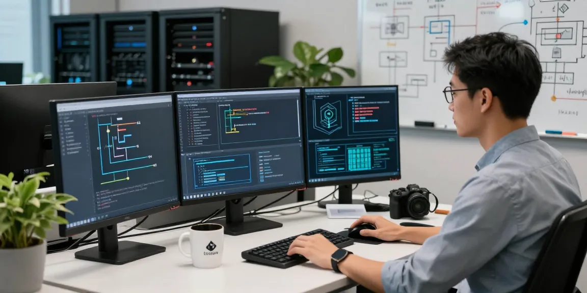DevOps engineer UK managing Linux server performance in a modern office setting.