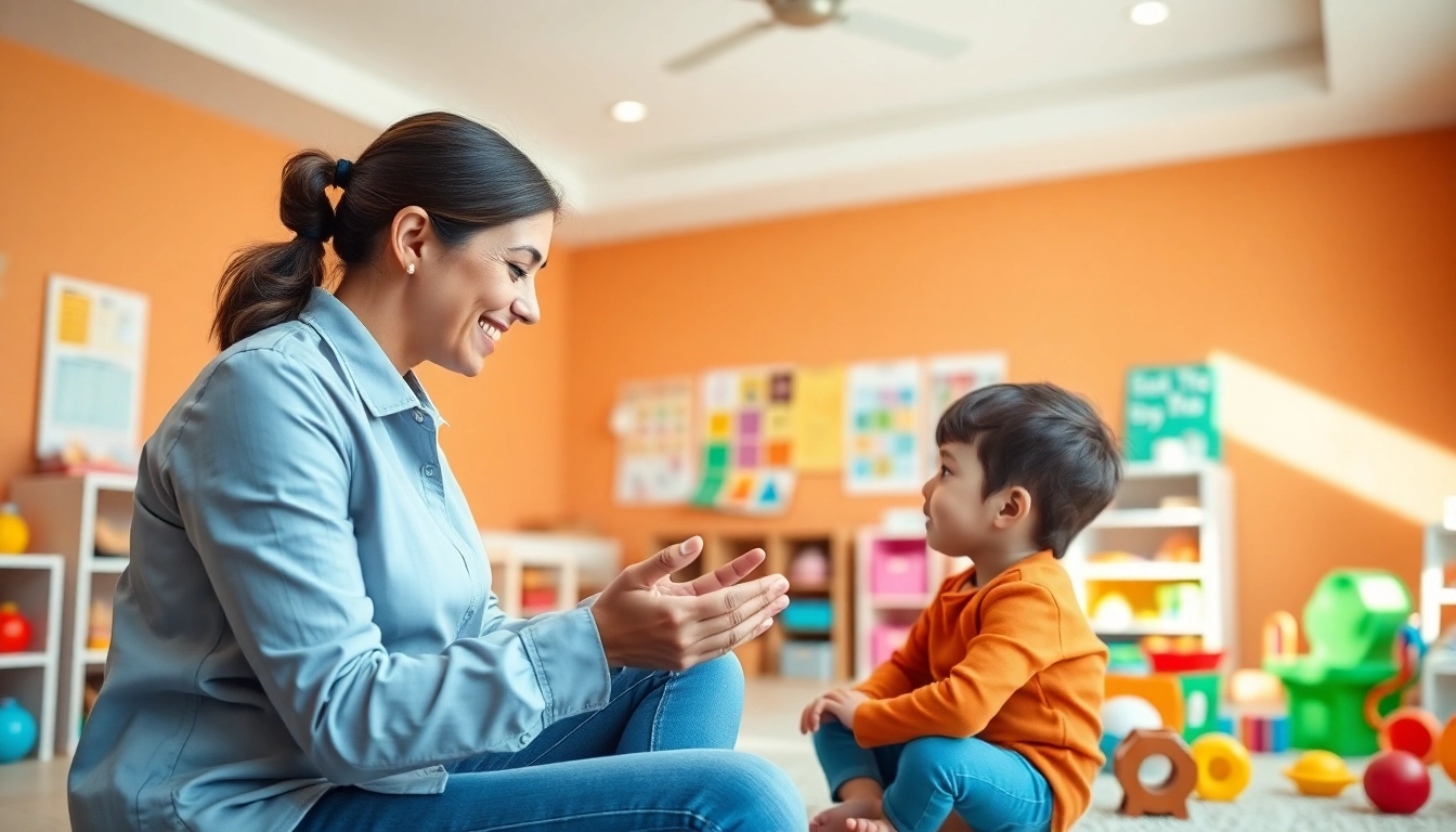 Engaging ABA services session with a therapist assisting a child in a nurturing environment.