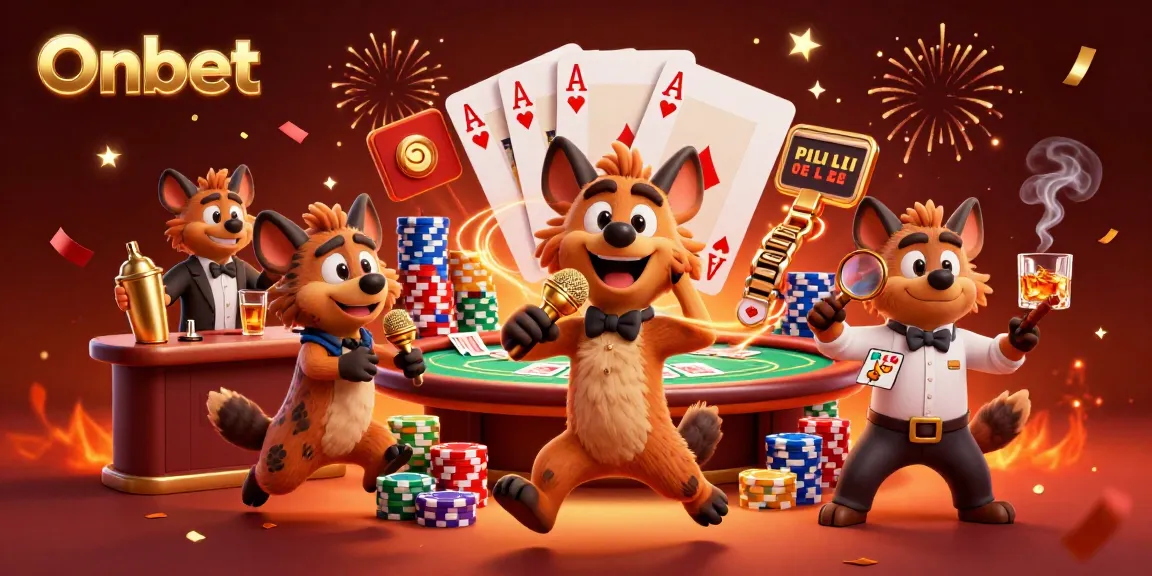 Onbet hyenas host a vibrant casino scene, mixing drinks and telling jokes, capturing the energy of gaming.