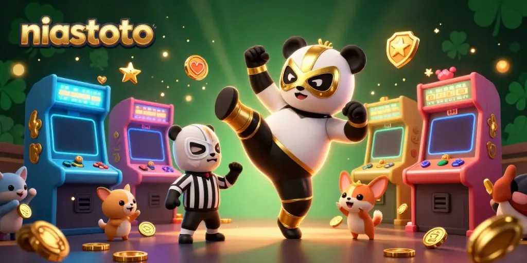 NIASTOTO showcases a lively scene with a wrestling panda, referee, and cheering animal fans surrounded by colorful game machines.