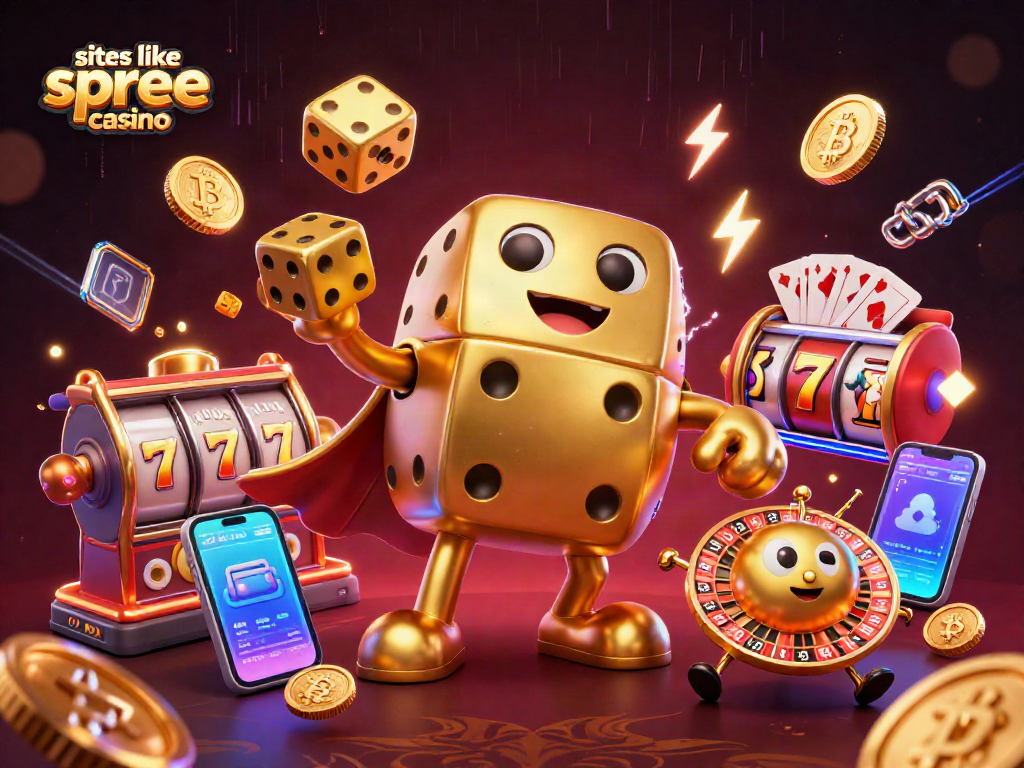Play games like Spree Casino with vibrant 3D scenes featuring golden dice and neon elements.