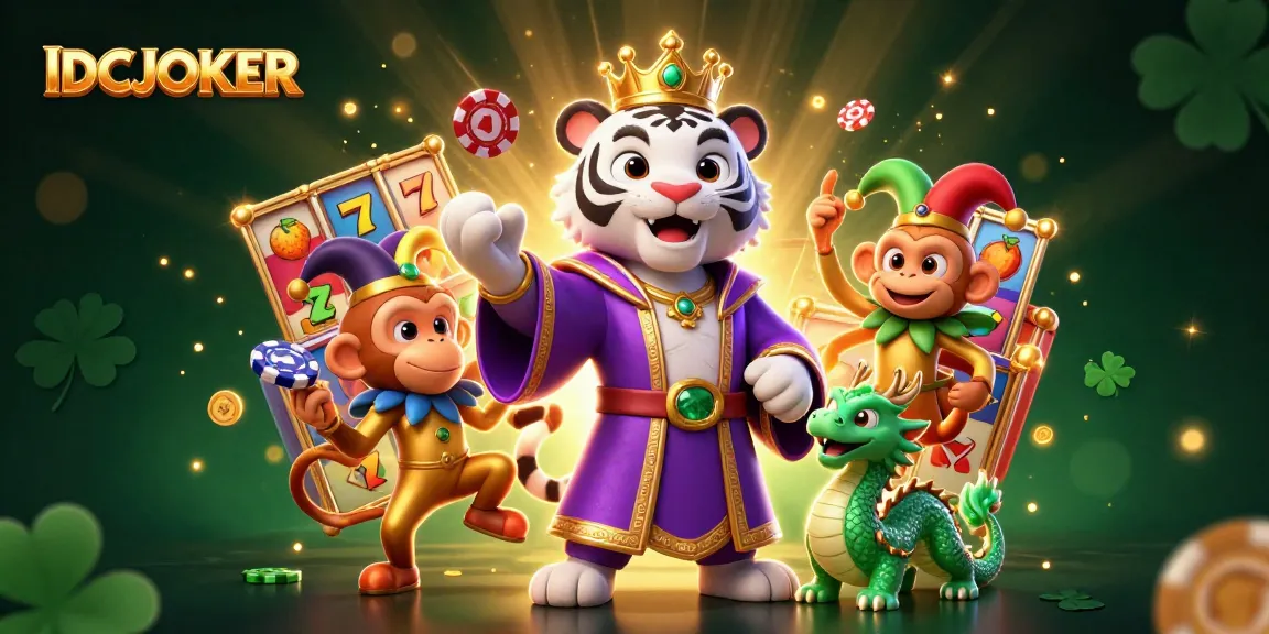 IDCJOKER showcases a lively illustration featuring a tiger, monkey, and dragon in a dynamic casino scene.