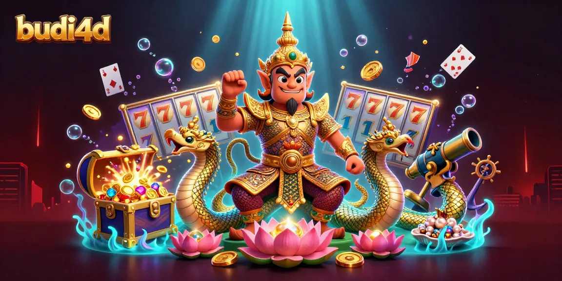 Experience thrilling spins and wins with budi4d in a vibrant casino illustration filled with dynamic game elements.