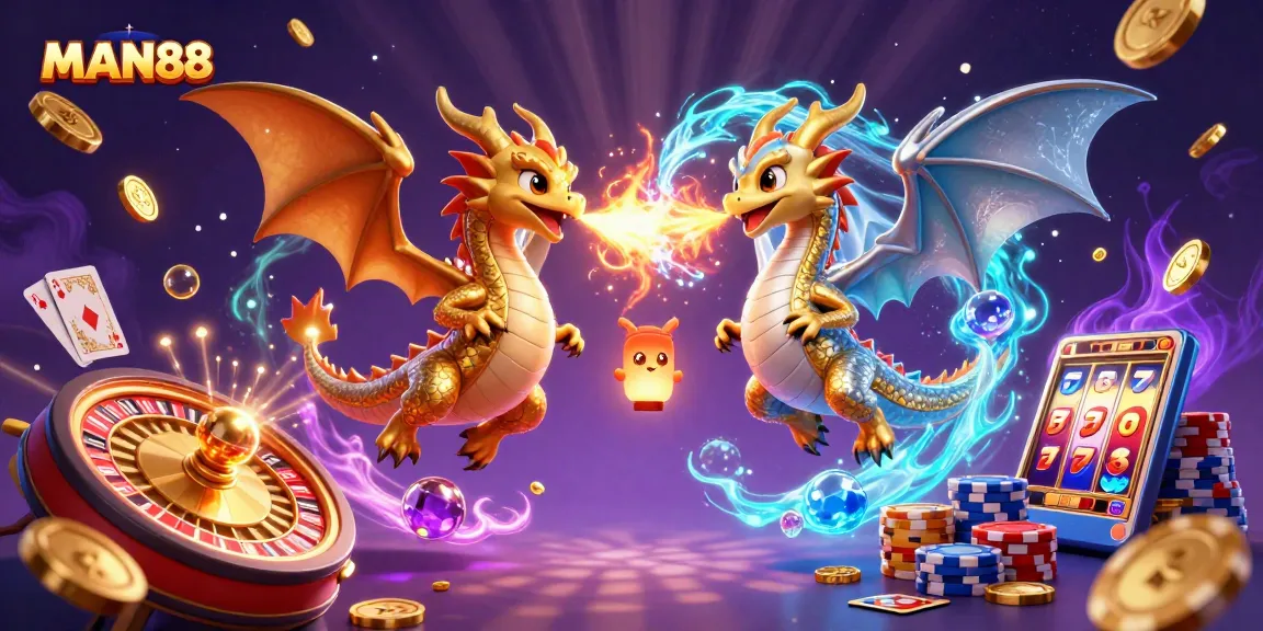 Engage with MAN88's thrilling 3D casino artwork featuring dragons in epic flight.