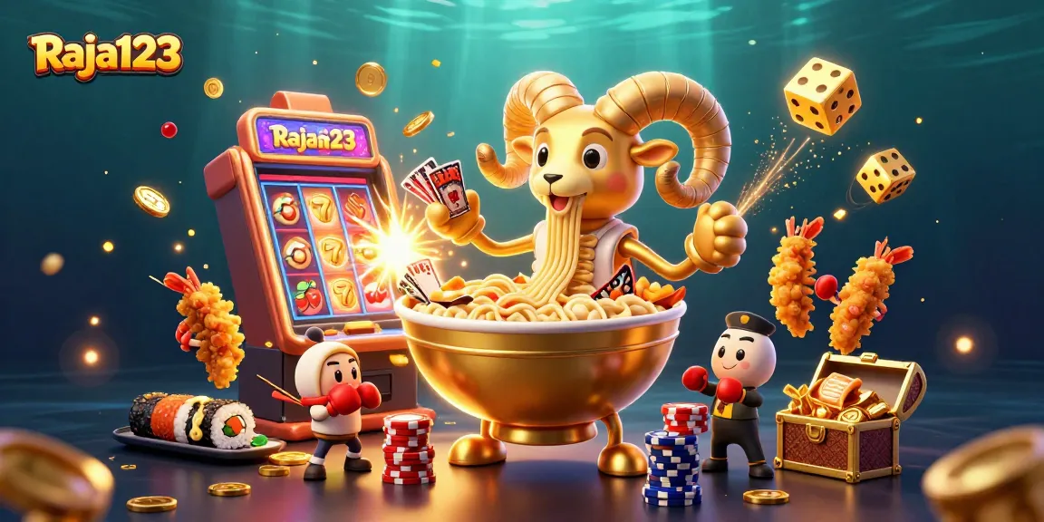 Raja123 brings excitement with a golden ramen bowl dealer and slot machine bursting coins.