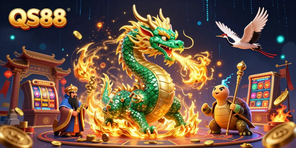 Experience excitement with QS88's immersive casino world featuring a jade dragon and dynamic game elements.