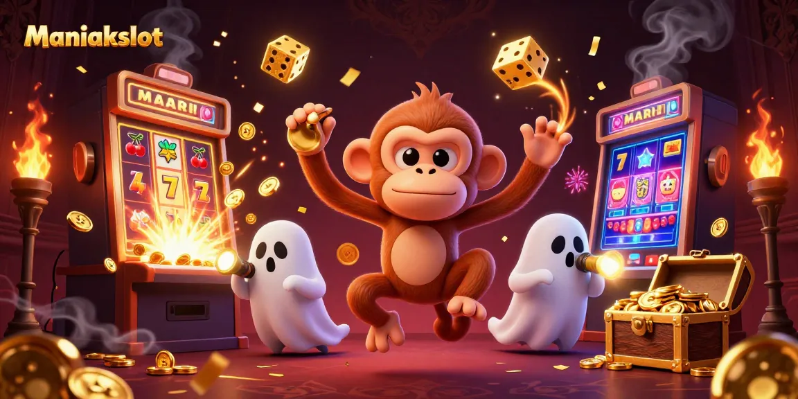 Experience the thrill with Maniakslot as golden coins and symbols burst in a lively casino scene.