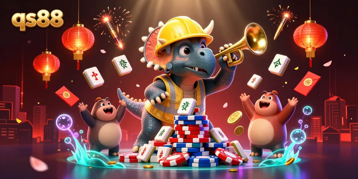 Experience qs88's vibrant casino fun with triceratops building poker chips surrounded by festive elements.