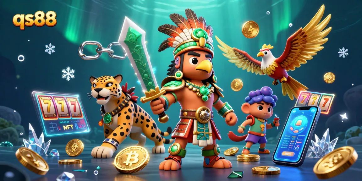 Experience the excitement of qs88 with Aztec warriors and glowing crypto elements in a vibrant casino atmosphere.