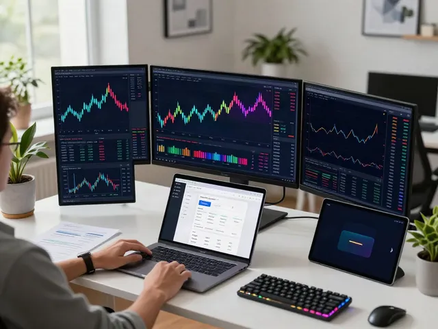 TSE market data feed displayed on monitors in a professional crypto trading workspace with advanced analysis tools.