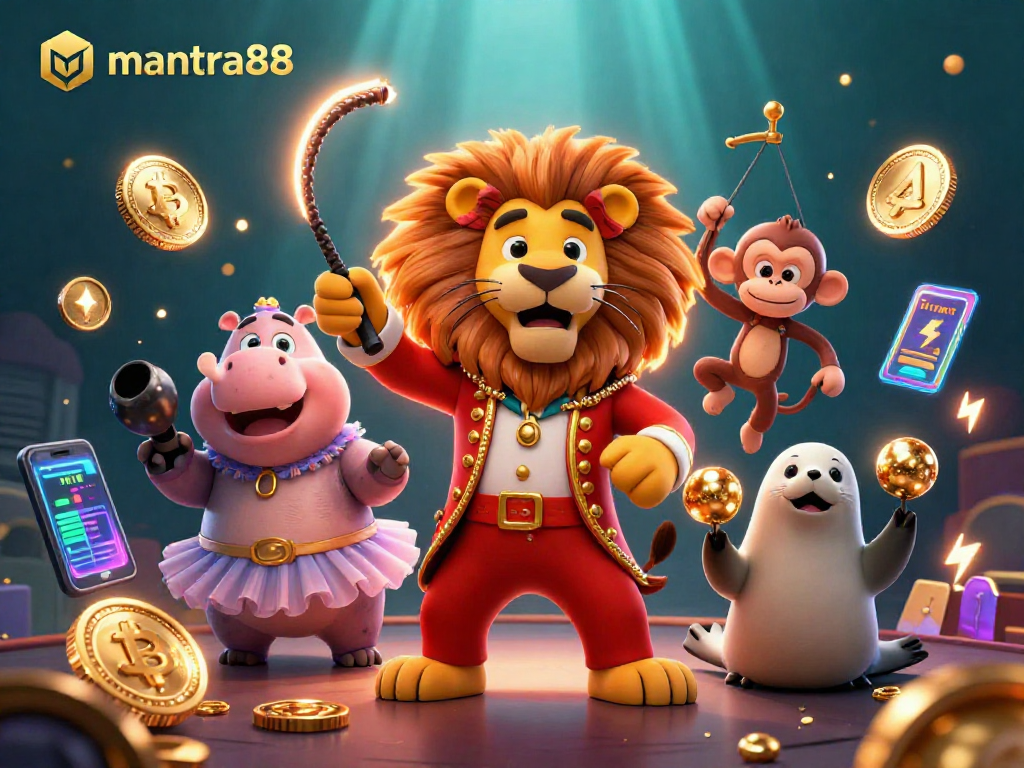 mantra88 showcases an energetic circus scene with gaming elements and vibrant characters