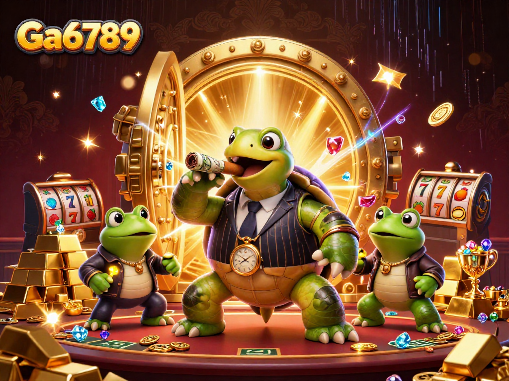 Engage with the vibrant Ga6789 casino scene featuring a mobster turtle and bullfrog enforcers amidst slot elements.