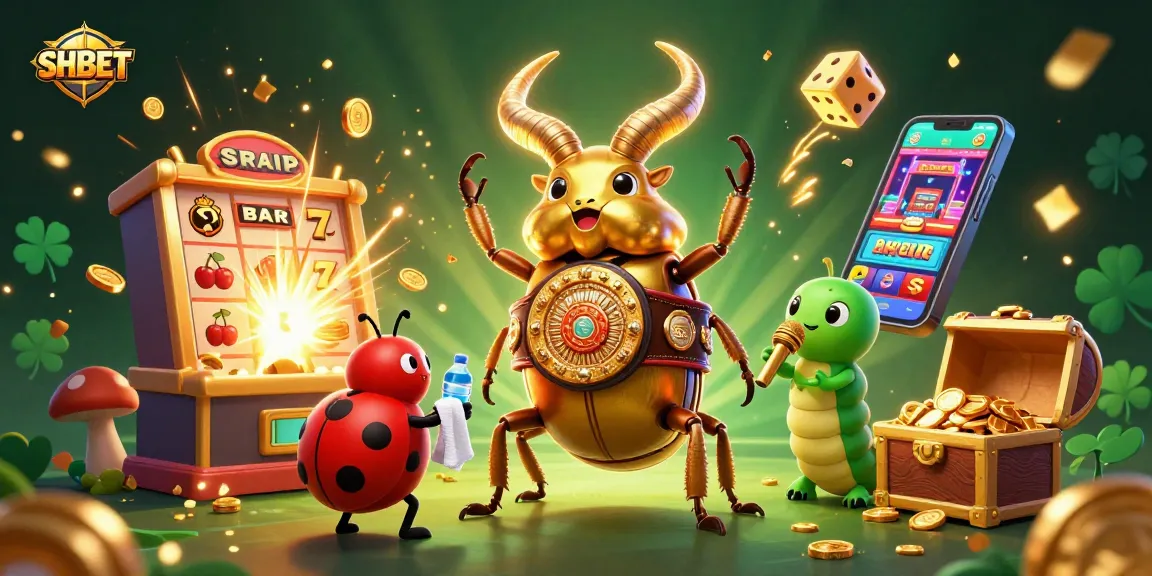SHBET showcases an ultra-detailed 3D casino scene with a golden beetle champion and dynamic gaming elements.