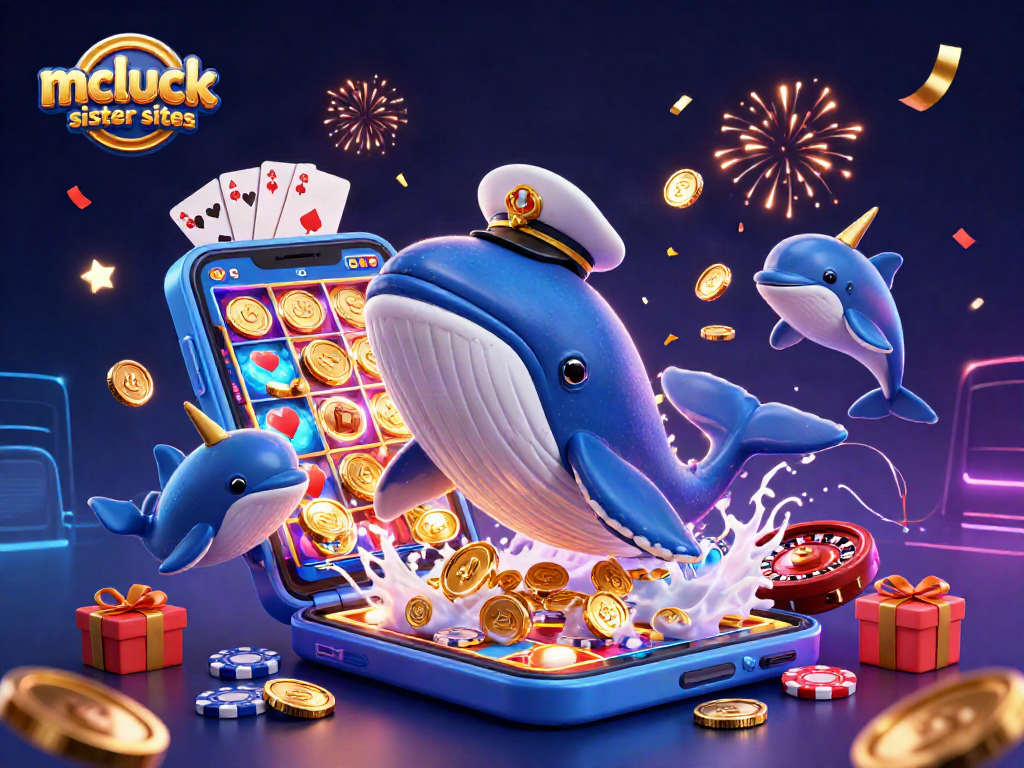 Play slots and win big with mcluck sister sites in a vibrant casino-themed illustration.