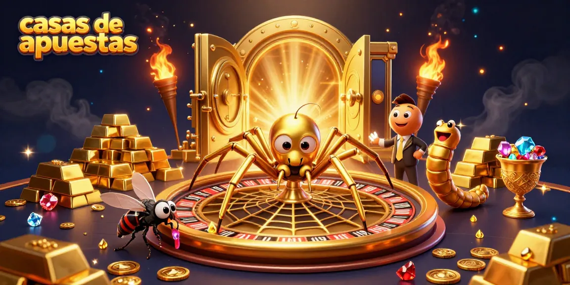 Apostar en las casas de apuestas con una ilustración vibrante de un giro de ruleta y un arácnido dorado.