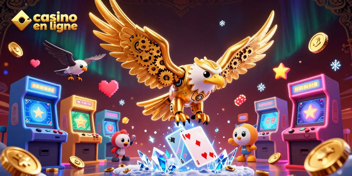 Illustration d'un aigle cybernétique doré plongeant à travers des cartes holographiques au casino en ligne.