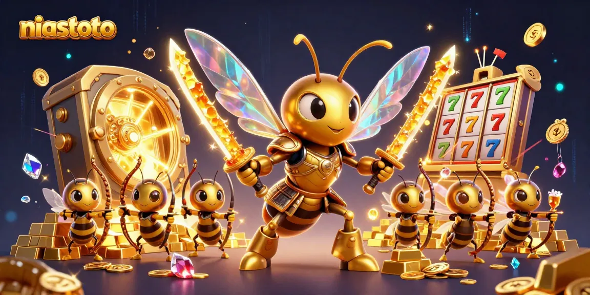 Witness the engaging scene of niastoto featuring a vibrant 3D hornet in samurai armor amidst glimmering gambling elements.