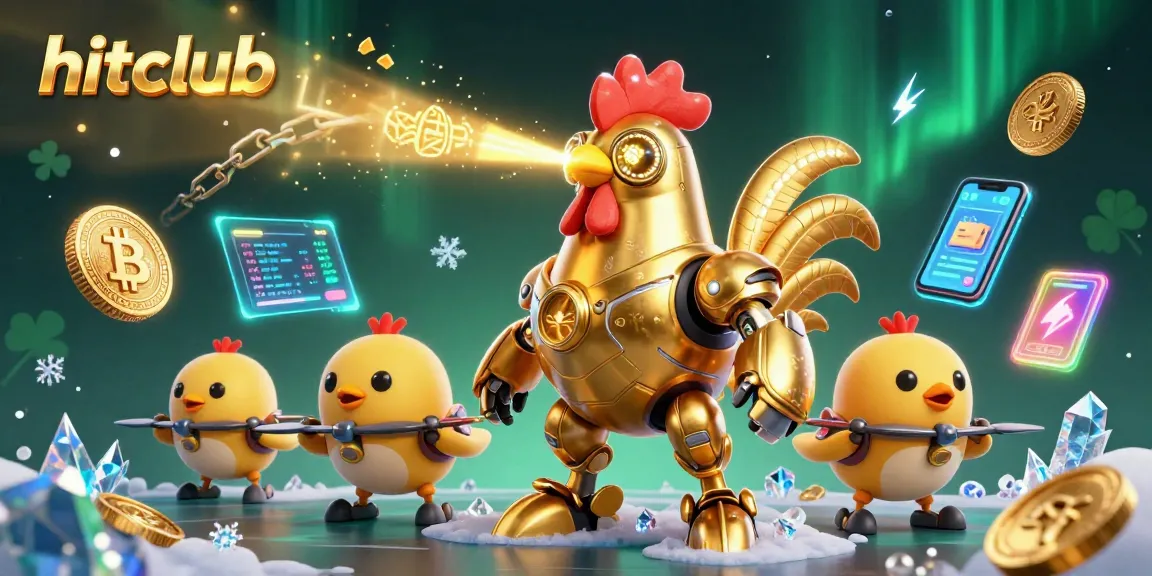 Experience hitclub's vibrant gaming world with a golden rooster robot and neon crypto coins.