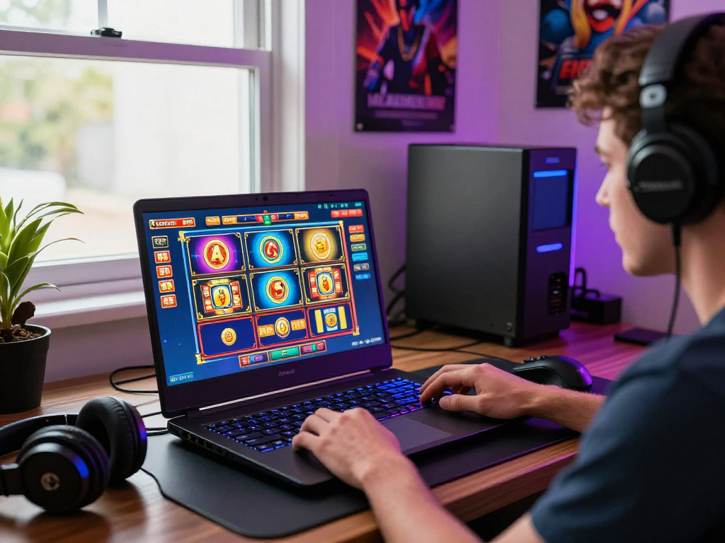 Pengalaman bermain slot88 yang seru dengan fokus pada layar dan aksesori gaming.