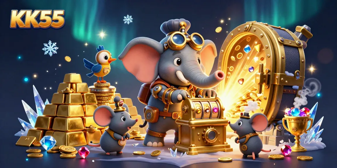 Experience thrilling wins at KK55 with a steampunk elephant betting, operating a golden slot machine.