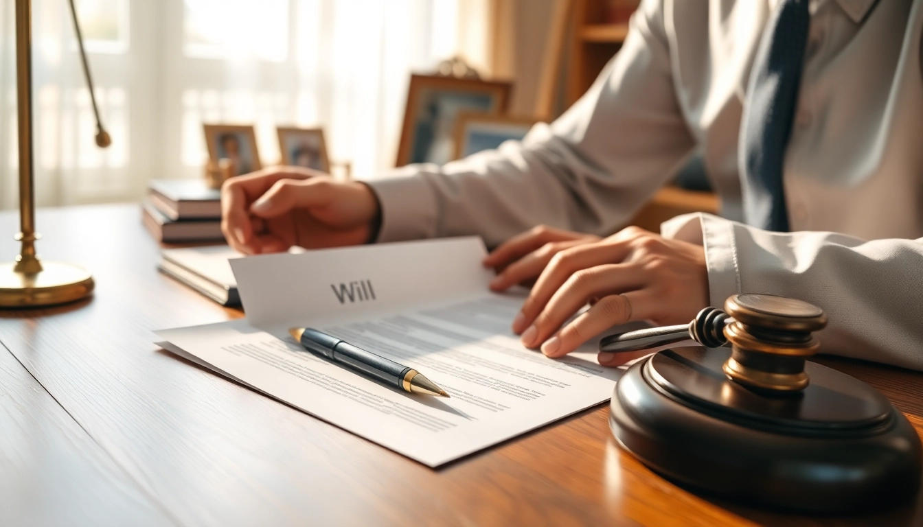 Lawyer assessing Wills documents in a well-lit office with legal resources.