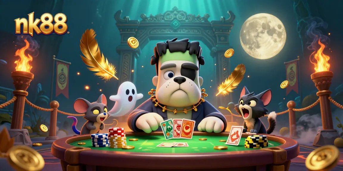 Engage in thrilling card games at nk88 with unique characters in a vibrant casino scene.