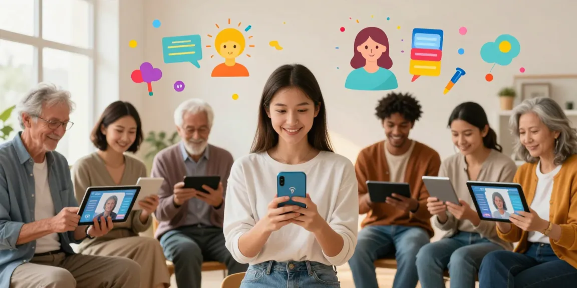 People engaging with technology to find out how old do I look, featuring diverse individuals in a vibrant, modern environment.