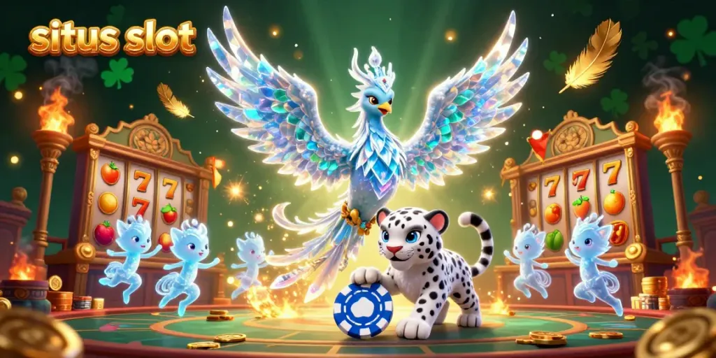 Ilustrasi 3D kasino dengan phoenix es dan simbol slot, situs slot.