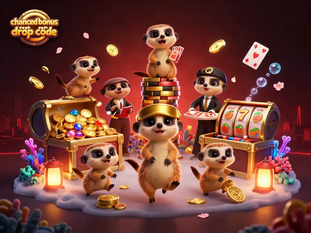 Experience thrilling gameplay with the chanced bonus drop code surrounded by playful meerkats in a vibrant casino.