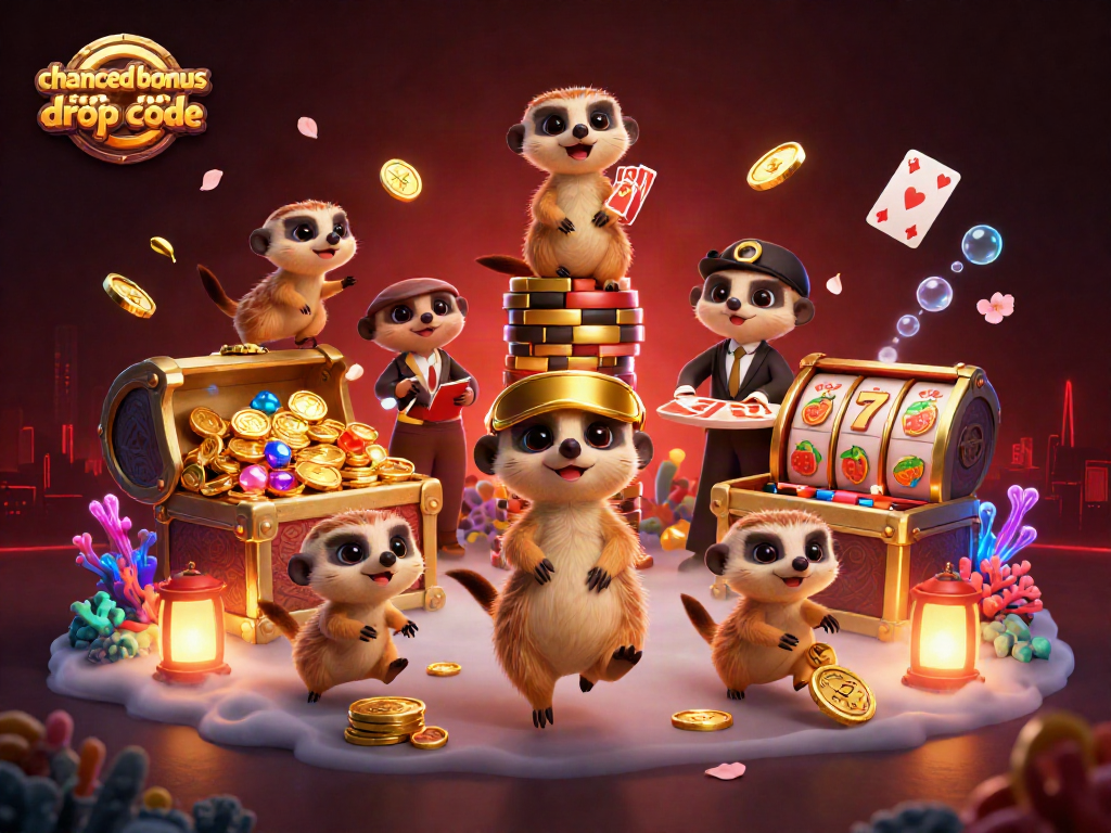 Experience thrilling gameplay with the chanced bonus drop code surrounded by playful meerkats in a vibrant casino.