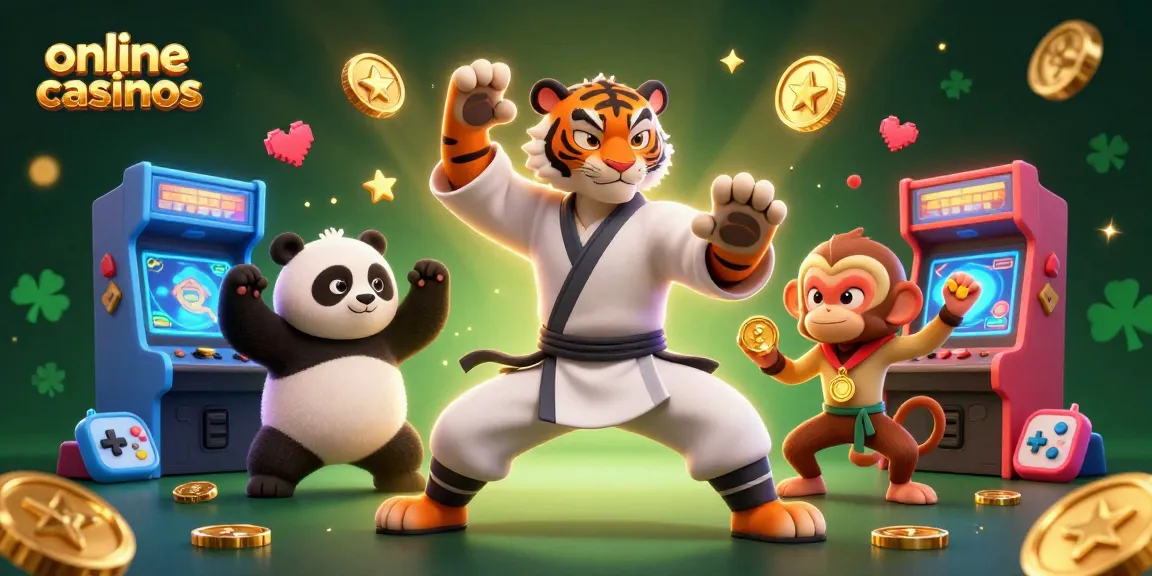 Experience thrilling online casinos through a vibrant scene of kung fu characters and gaming elements.