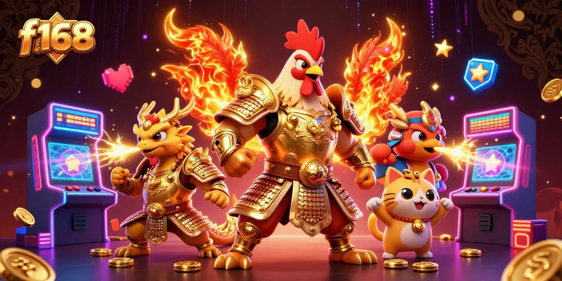 Engage with f168's excitement as a cartoon rooster warrior and dragon celebrate amidst vibrant casino elements.