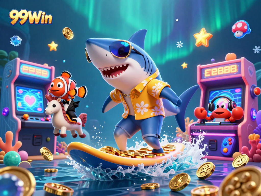 Experience the excitement of 99Win with a vibrant 3D casino scene featuring unique characters.
