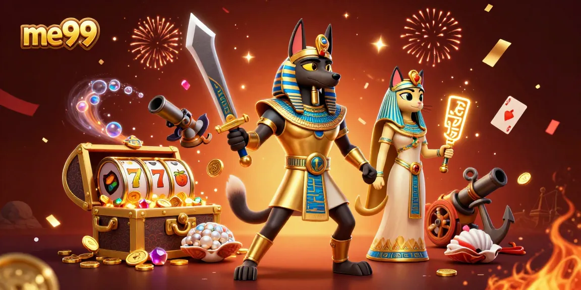 Experience thrilling gameplay at me99 with Anubis and Bastet surrounded by slot games and treasure.