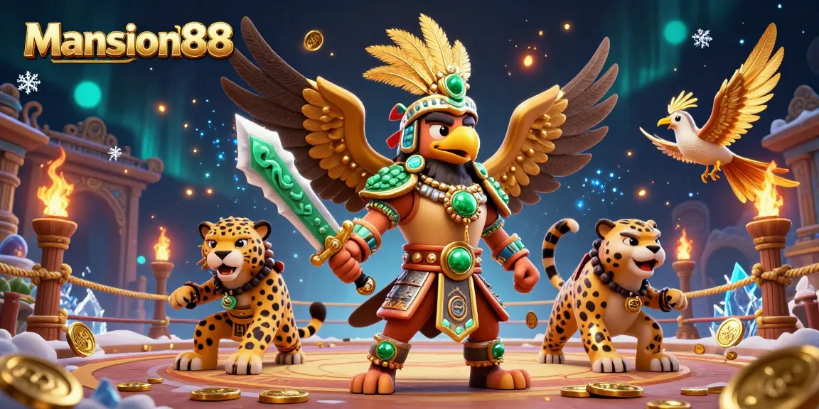 Mansion88 offers a vibrant 3D illustration featuring warriors and dynamic gambling elements, creating an engaging online casino experience.