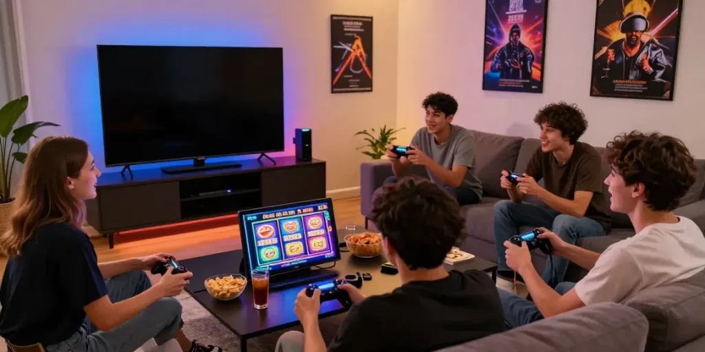 Friends enjoying a lively slot88 gaming session in a modern living room.