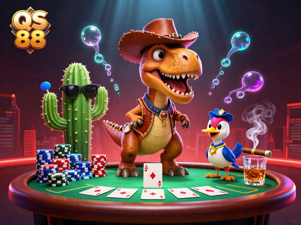 Engage with QS 88 at this vibrant poker scene featuring a dinosaur and friends, showcasing thrilling game elements.