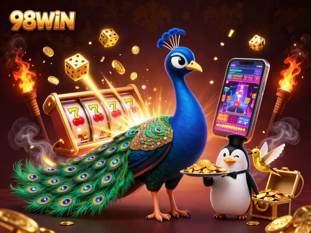 Experience the thrilling 98WIN online casino scene with vibrant characters and dynamic slot elements.