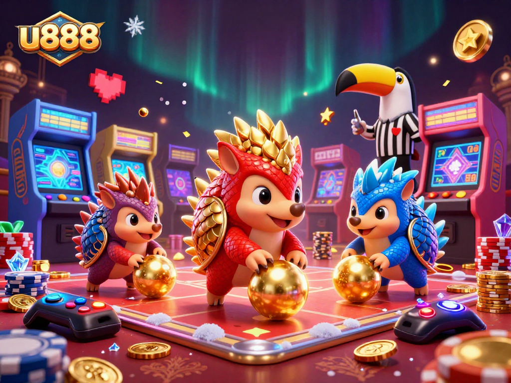 Experience the thrilling u888 action as rival pangolins compete in a vibrant casino game scene.