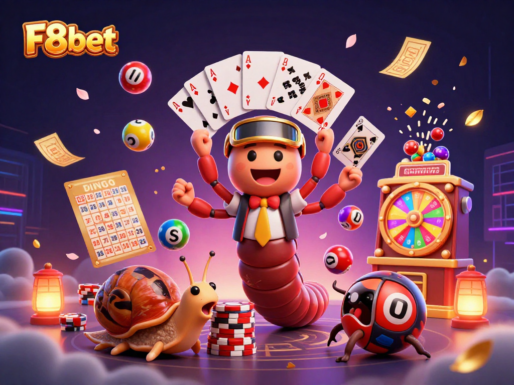F8bet showcases excitement with a cartoon dealer and vibrant lottery elements in a dynamic casino scene.