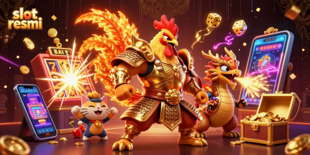 Engage with slot resmi featuring a warrior and dragon in a vibrant casino scene filled with jackpots and excitement.