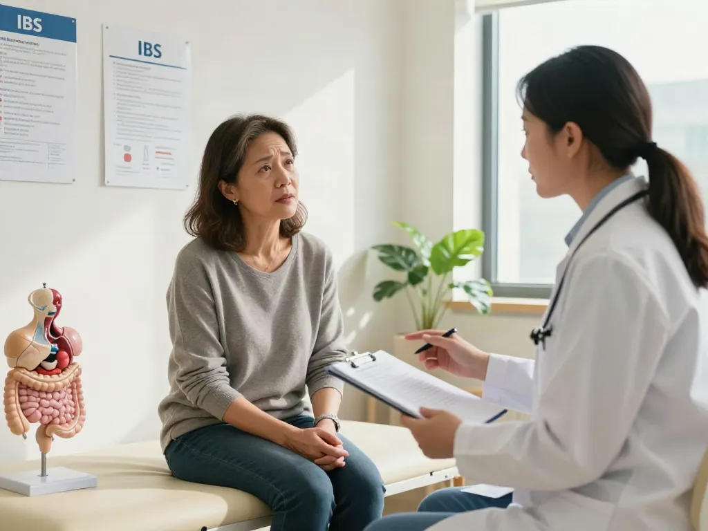 A healthcare professional discussing IBS symptoms with a patient in a bright clinic, showcasing a supportive environment.
