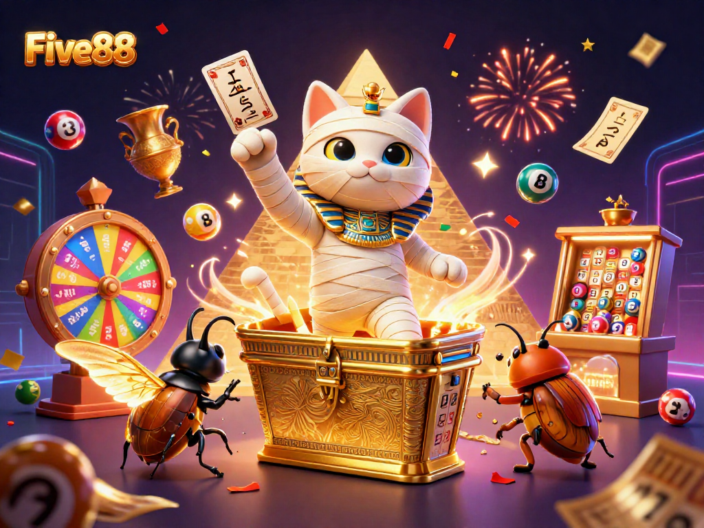 Experience the excitement of Five88 with a vibrant casino scene featuring dynamic lottery elements.