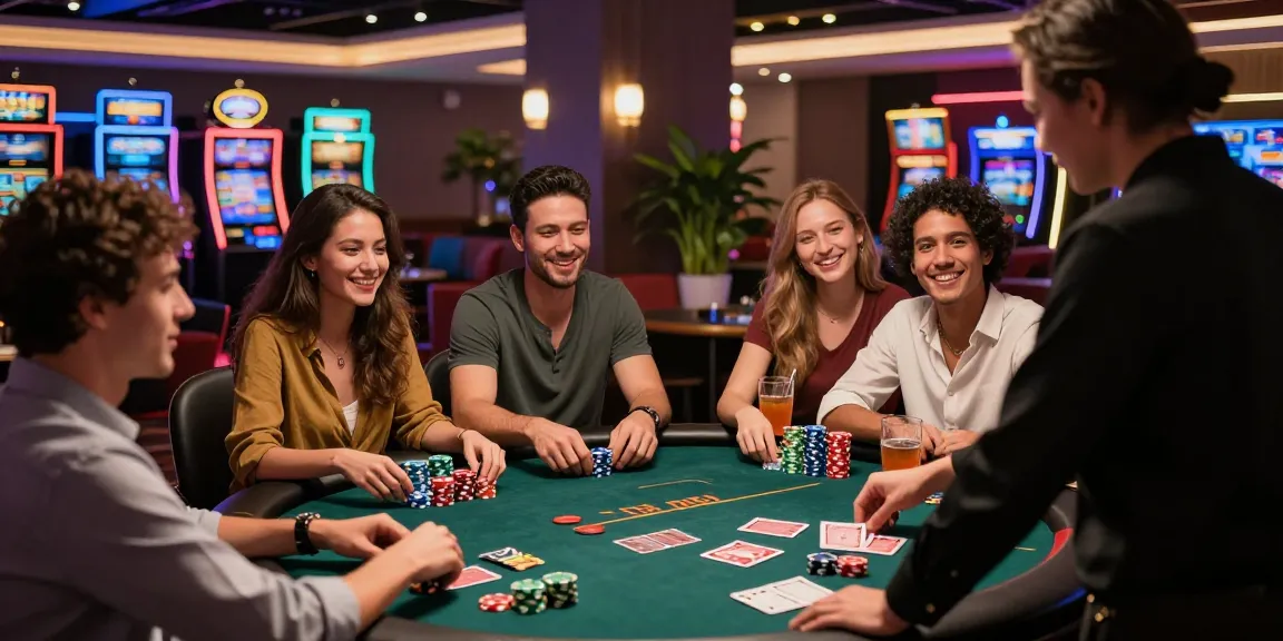 Friends enjoying a thrilling kebuntoto gaming experience around a poker table in an upscale casino.