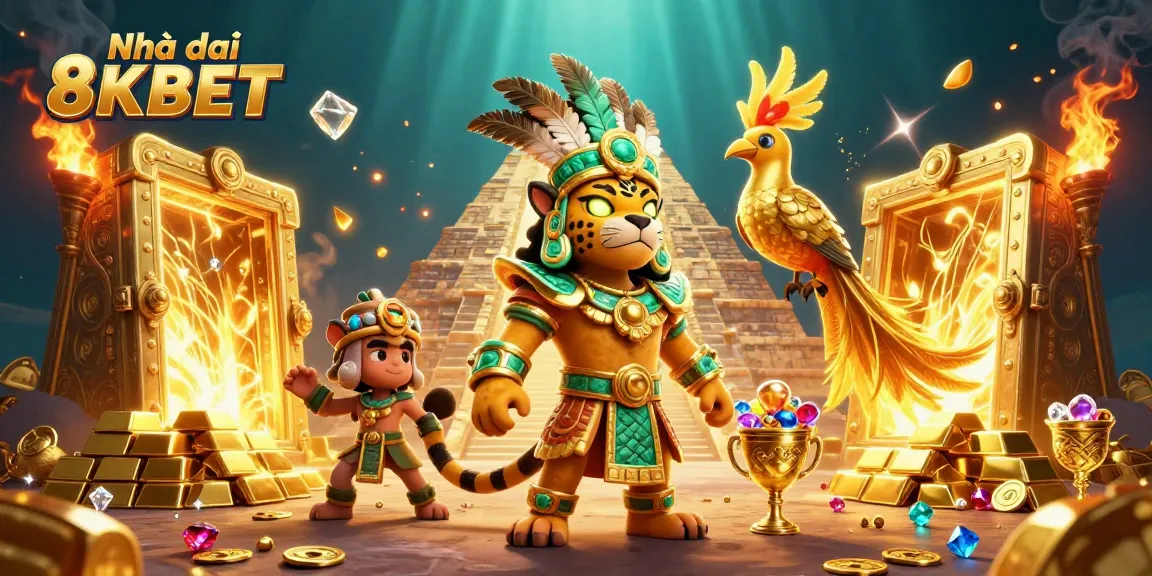 Experience the thrill of Nhà cái 8KBET with a vibrant scene featuring gold treasures and Mayan-style characters.