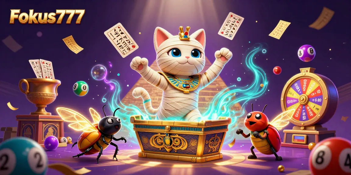 Play exciting games like Fokus777 with a cartoon Egyptian mummy cat bursting from treasure!