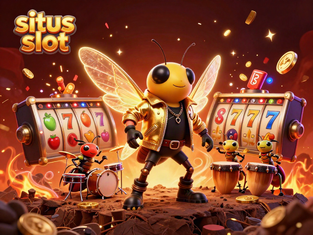 Menangkan jackpot di situs slot dengan cicada rock star dan drummer belelayah, dipenuhi koin emas.