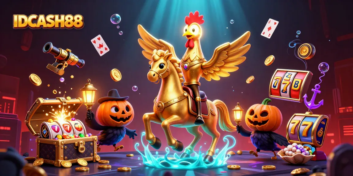Win big at IDCASH88 with a dynamic 3D casino scene featuring a golden rooster on a spectral horse.