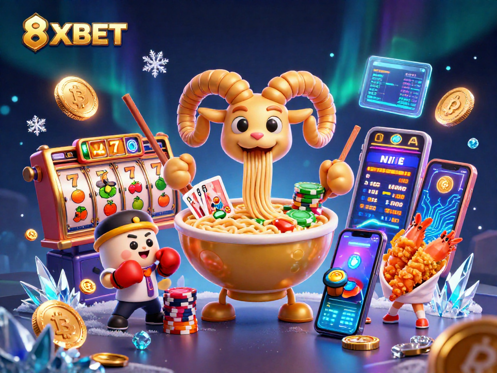 Join the fun at 8XBET with vibrant slot reels and animated characters bringing excitement to your gaming experience.
