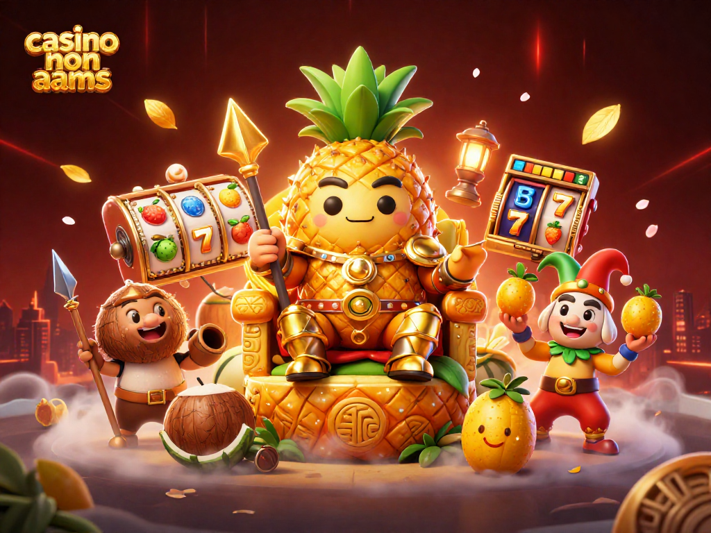 Giocando ai casinò non AAMS con il re ananas e personaggi vivaci in un'illustrazione animata.